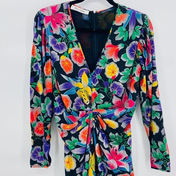 NEIMAN MARCUS Vintage Floral Print Long Zip Sleeve Ruched Waist Midi Dress 10 - Picture 3 of 7